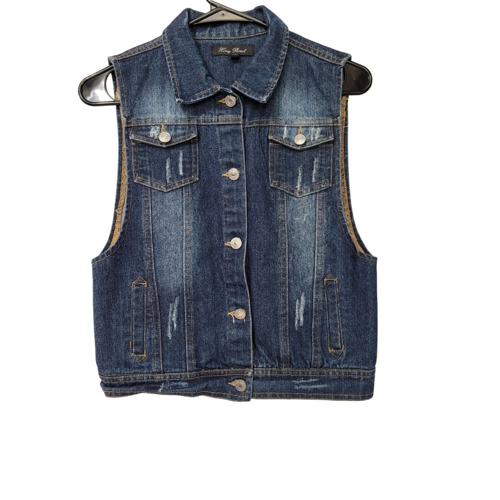 Honey Punch Denim Vest Womens Medium Blue Distressed Sleeveless Button
